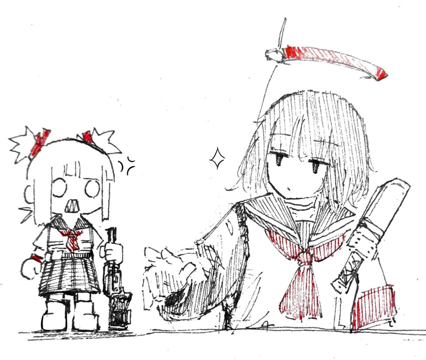 2girls anger_vein angry choker dagger deadpan gun halo highres holding holding_gun holding_weapon knife mechanical_halo medium_hair mini_person multiple_girls original sailor_collar sharp_teeth sheath sheathed shiokaze1409 short_hair short_twintails sparkle spot_color teeth twintails weapon yuuko_(shiokaze1409)