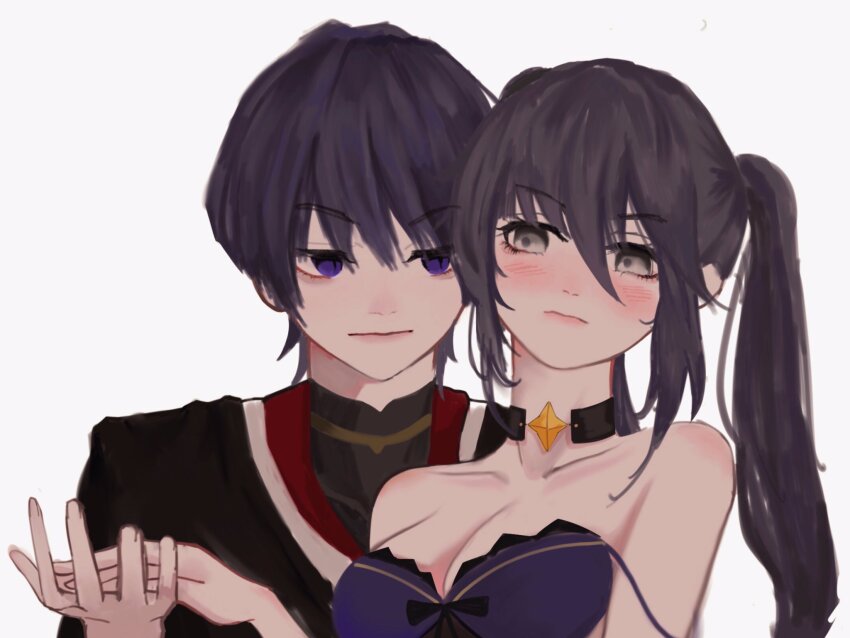 1boy 1girl bare_shoulders black_bodysuit black_choker black_hair black_kimono black_ribbon black_sleeves blunt_bangs blunt_ends blush bodysuit breasts choker cleavage closed_mouth collarbone dress eyelashes eyeshadow fingernails genshin_impact gold gold_trim grey_eyes hair_between_eyes han&#039;eri hand_on_another&#039;s_hand heads_together hetero highres japanese_clothes jewelry kimono layered_kimono lips long_hair long_neck lowered_eyelids makeup mandarin_collar mona_(genshin_impact) neck_ring open_hand purple_dress purple_eyes purple_hair raised_eyebrows red_kimono ribbon scaramouche_(genshin_impact) shoulder_blush sidelocks star_(symbol) star_choker strap_slip theoeyyy twintails white_background white_trim