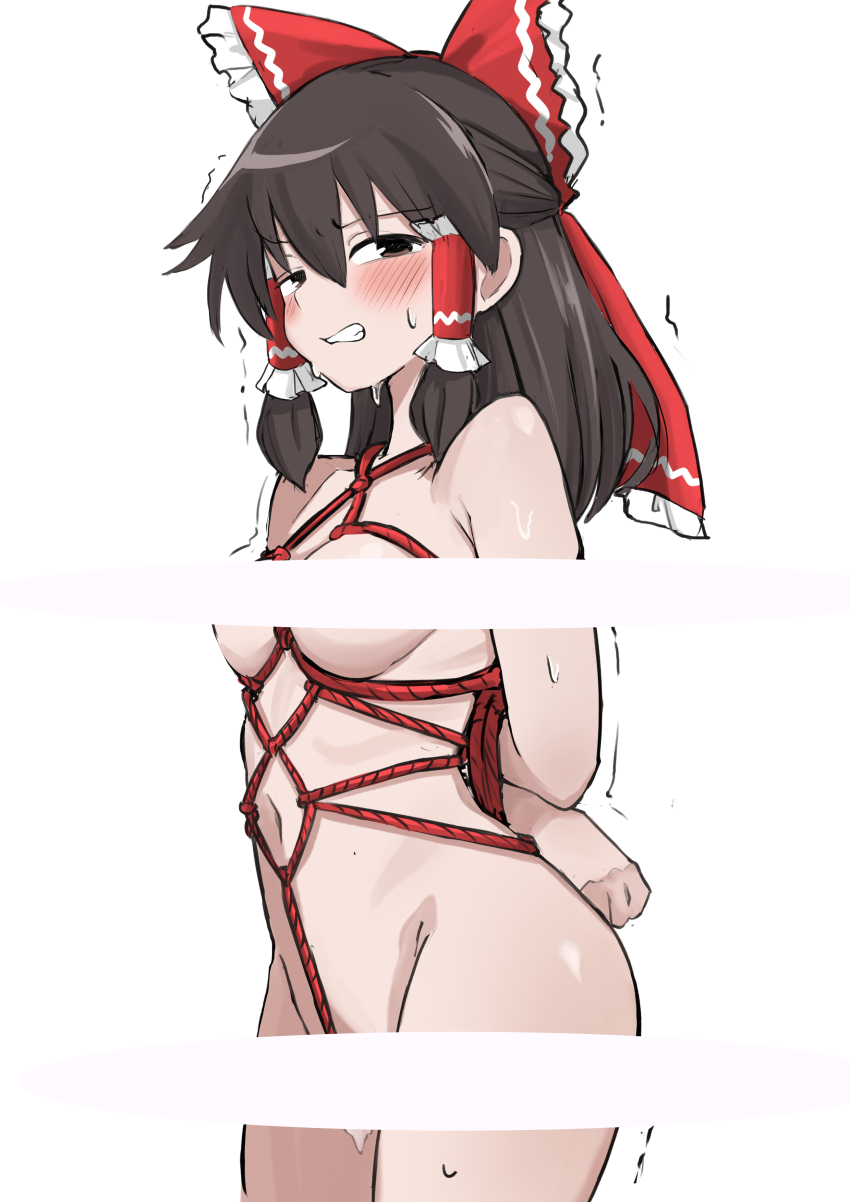 1girl absurdres bar_censor bdsm blush bondage bound bow breasts brown_eyes brown_hair censored clenched_teeth completely_nude frilled_bow frills hair_bow hair_tubes hakurei_reimu highres medium_breasts navel nude red_bow red_rope ribbon_trim rope shibari solo sweatdrop teeth touhou trembling yuuka_(a0240765)