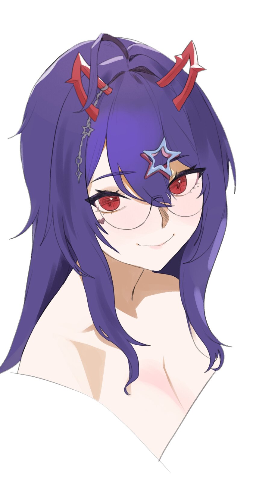 1girl absurdres ahoge akuma_nihmune bare_shoulders breasts chain cleavage commentary facial_mark glasses hair_ornament highres horns indie_virtual_youtuber large_breasts portrait purple_hair red_eyes smile solo star_(symbol) star_hair_ornament thernz virtual_youtuber