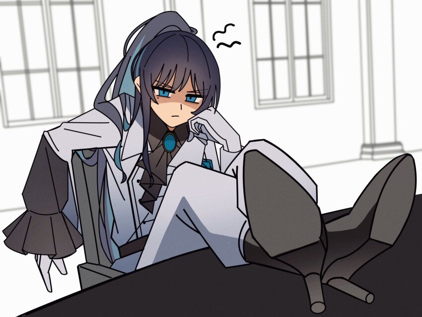1girl ado_(utaite) black_hair black_shoes blue_eyes blue_hair chando_(ado) colored_inner_hair commentary_request feet_on_table gloves high_heels highres long_hair long_sleeves looking_at_viewer mole mole_under_eye multicolored_hair pants pike_(azas_ef) ponytail shoe_soles shoes sitting solo utaite white_gloves white_pants