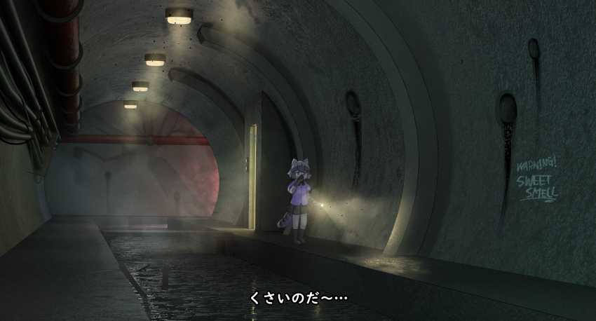 1girl abubu animal_ears arai-san_mansion ceiling_light commentary_request common_raccoon_(kemono_friends) elevator_door english_text flashing flashlight fur_collar gloves highres holding holding_flashlight holding_nose horror_(theme) industrial_pipe kemono_friends raccoon_ears raccoon_girl raccoon_tail sewer shadow short-sleeved_sweater short_sleeves skirt solo striped_tail sweater tail translation_request tunnel water writing_on_wall