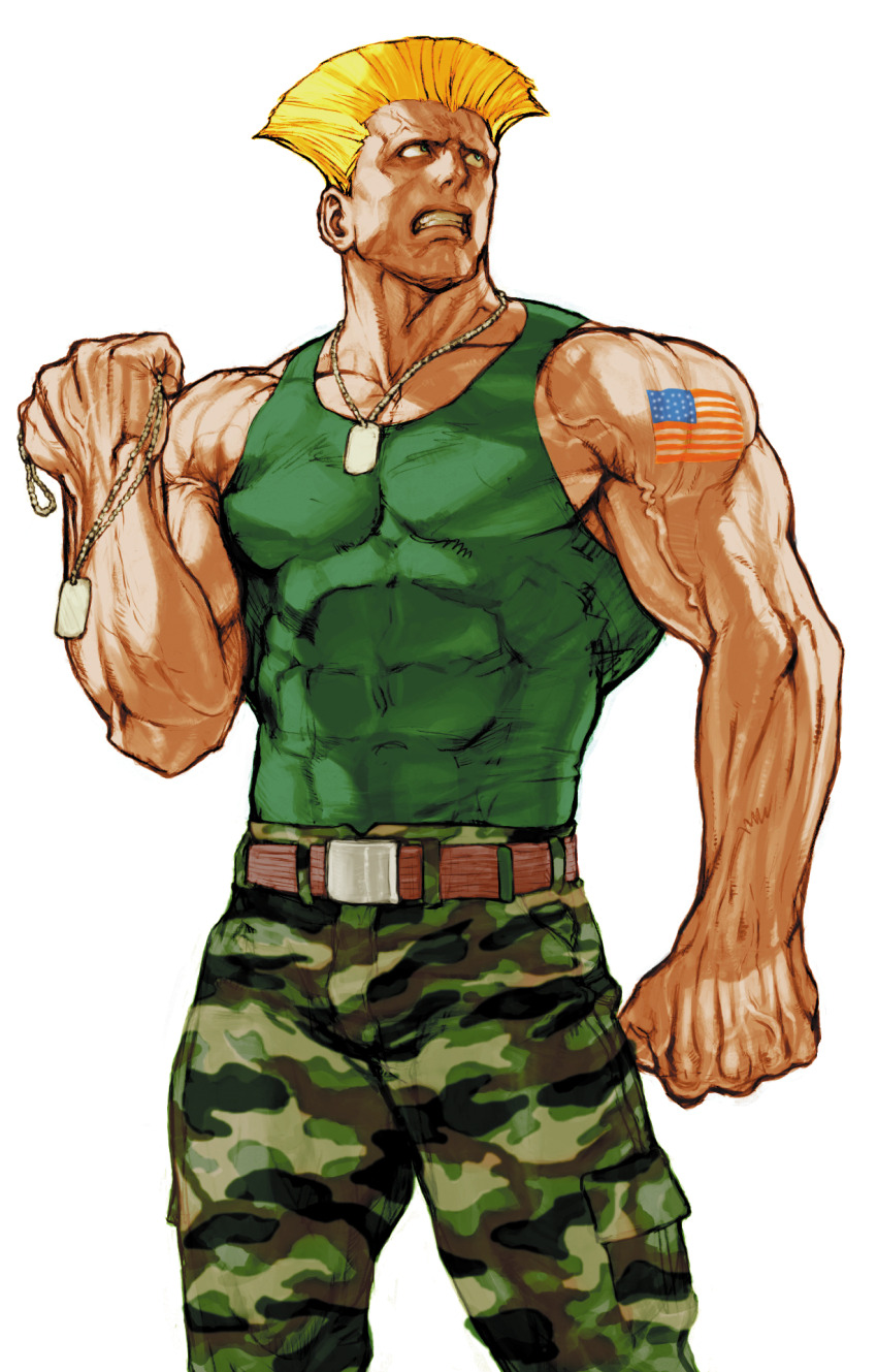 1boy american_flag american_flag_tattoo arm_at_side belt camouflage camouflage_pants capcom_vs_snk_2 clenched_hands clenched_teeth dog_tags flattop game_cg green_tank_top guile highres holding_dog_tags looking_to_the_side looking_up male_focus muscular muscular_male nishimura_kinu non-web_source official_art pants solo street_fighter tank_top teeth veins veiny_arms