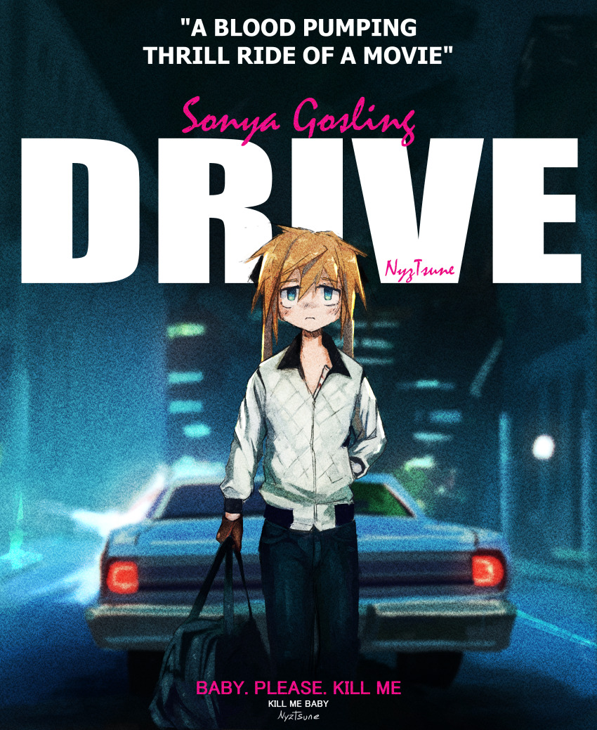 1girl absurdres artist_name bag blonde_hair blue_eyes brown_gloves car closed_mouth copyright_name cover denim drive_(movie) duffel_bag english_text fake_cover gloves hand_in_pocket highres holding holding_bag jacket jeans kill_me_baby medium_hair motor_vehicle movie_poster movie_reference nagilamagykalz night outdoors pants parody solo sonya_(kill_me_baby) standing title_parody twintails white_jacket