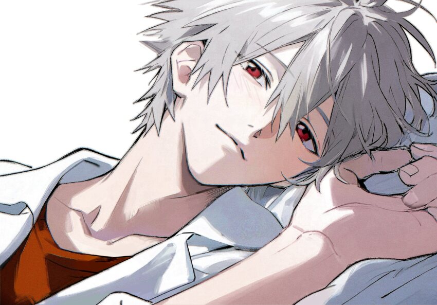 1boy absurdres closed_mouth collarbone collared_shirt fingernails grey_hair hair_between_eyes highres looking_at_viewer male_focus nagisa_kaworu neon_genesis_evangelion red_eyes red_shirt seeuagain5353 shirt short_hair simple_background solo white_background white_shirt