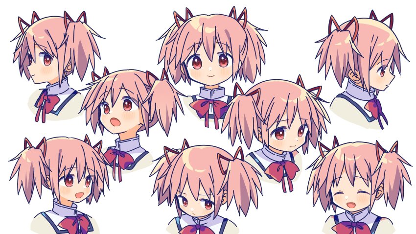 1girl ^_^ absurdres bow bowtie closed_eyes highres kaname_madoka looking_at_viewer looking_to_the_side mahou_shoujo_madoka_magica mahou_shoujo_madoka_magica_(anime) mitakihara_school_uniform multiple_views open_mouth pink_hair red_bow red_bowtie red_eyes ruru_(rurumagi) school_uniform short_twintails smile twintails upper_body