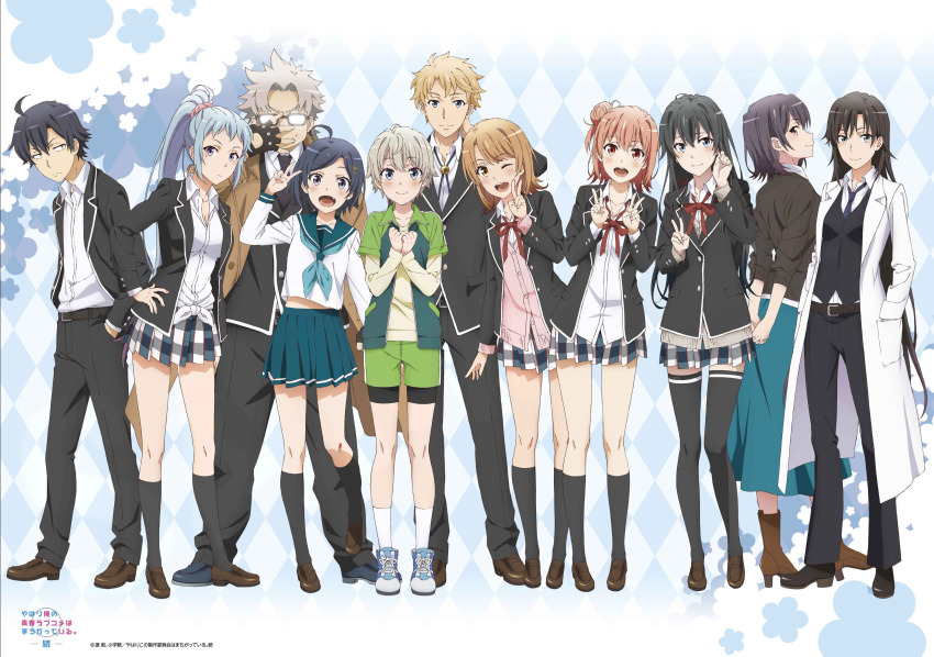 4boys 6+girls absurdres blazer breasts calf_socks cleavage ebina_hina hayama_hayato hayami_saori highres hikigaya_hachiman hikigaya_komachi hiratsuka_shizuka isshiki_iroha jacket midriff_peek miniskirt miura_yumiko multiple_boys multiple_girls non-web_source official_art school_uniform skirt thighhighs totsuka_saika yahari_ore_no_seishun_lovecome_wa_machigatteiru. yuigahama_yui yukinoshita_haruno yukinoshita_yukino