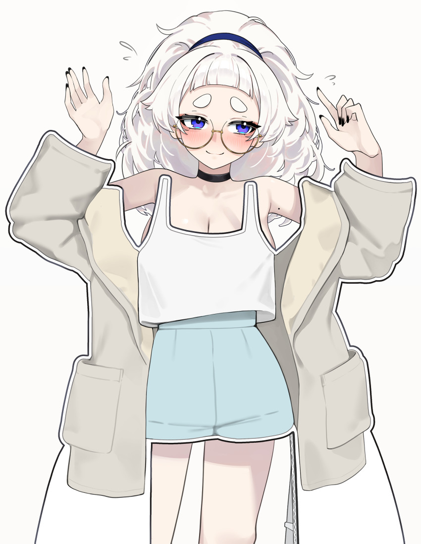 1girl arms_up bare_shoulders black_choker black_nails blue_eyes blush breasts choker cleavage closed_mouth collarbone flying_sweatdrops glasses highres large_breasts long_hair meg_(wakamepiza) mole mole_on_arm original round_eyewear smile solo thick_eyebrows wakamepiza white_hair yellow-framed_eyewear