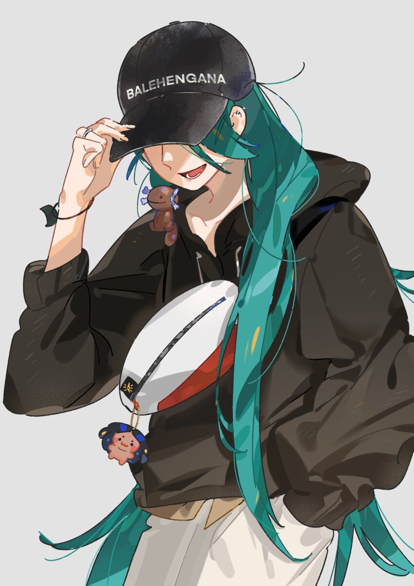 1girl alternate_costume aqua_hair baseball_cap black_hat black_hoodie character_charm charm_(object) covered_eyes cowboy_shot drawstring facing_viewer fanny_pack geeta_(pokemon) hair_down hand_in_pocket hand_on_headwear hat hat_over_eyes highres hood hood_down hoodie jewelry long_hair nanaasuzy nintendo open_mouth paldean_wooper pants pokemon pokemon_sv rika_(pokemon) ring simple_background smile solo white_background white_pants