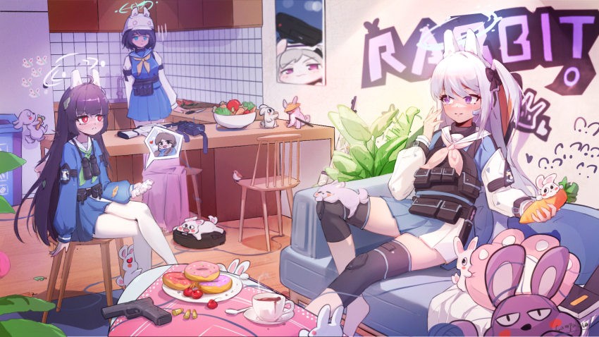 3girls animal_ears artist_name assault_rifle binoculars bird black_hair blue_archive blue_eyes blue_serafuku bright_pupils bullet cellphone closed_mouth couch cup donut fake_animal_ears food frown glock graffiti gun halo handgun helmet highres holding holding_phone indoors kasternia knee_pads light_machine_gun long_hair long_sleeves machine_gun miyako_(blue_archive) miyu_(blue_archive) moe_(blue_archive) mole mole_under_eye multiple_girls on_couch on_stool one_side_up pantyhose phone pleated_skirt purple_eyes rabbit rabbit_ears recycle_bin red_eyes rifle robotic_vacuum_cleaner saki_(blue_archive) salad saucer school_uniform serafuku short_hair signature sitting skirt smartphone smile sniper_rifle sparrow stool teacup too_many too_many_rabbits very_long_hair weapon white_hair white_pantyhose white_pupils