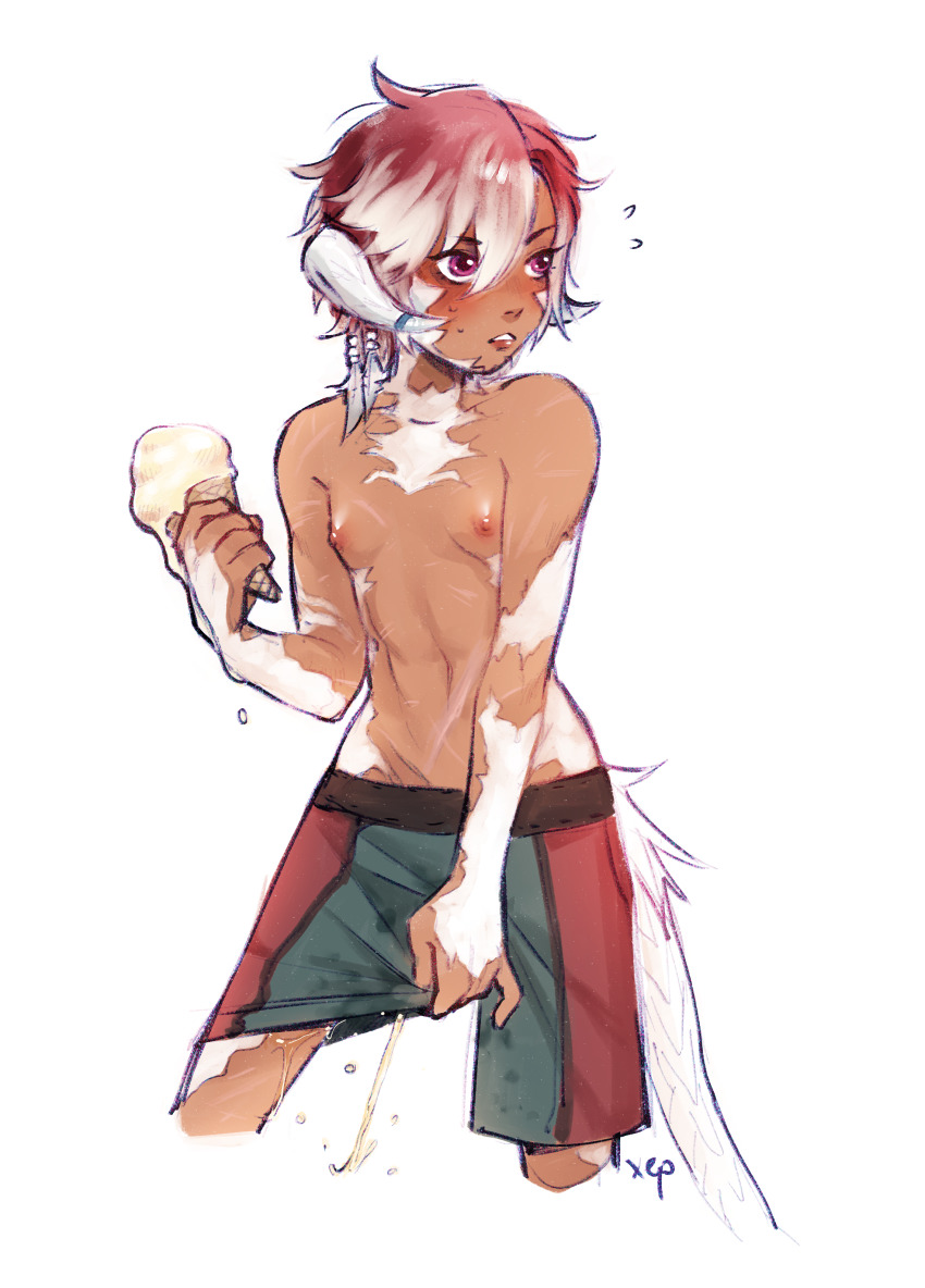 1girl absurdres au_ra breasts final_fantasy final_fantasy_xiv fur grey_male_swimwear grey_swim_trunks highres hoesmadder horns male_swimwear male_swimwear_challenge multicolored_hair multicolored_male_swimwear multicolored_swim_trunks original pee peeing peeing_self pink_eyes red_male_swimwear red_swim_trunks reverse_trap scar small_breasts stealth_peeing sweatdrop swim_trunks swimsuit tail tan tomboy