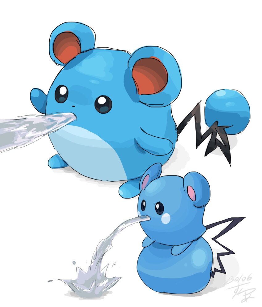 azurill blue_skin colored_skin evolutionary_line full_body game_freak gen_2_pokemon gen_3_pokemon highres lukasandatta marill nintendo no_humans open_mouth pokemon pokemon_(creature) pokemon_focus tail water water_gun white_background