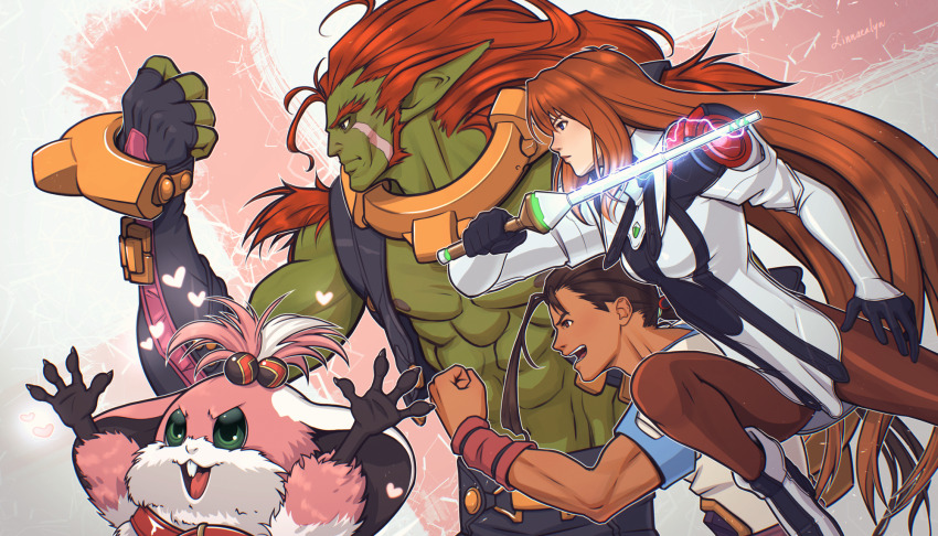 2boys 2girls abs arms_up artist_name breasts brown_hair brown_pantyhose chu_chu_(xenogears) closed_mouth colored_skin commentary dark-skinned_male dark_skin dress elhaym_van_houten english_commentary fei_fong_wong green_eyes green_skin heart highres linnaealyn long_hair long_pointy_ears mature_male medium_breasts midair multiple_boys multiple_girls orange_hair outline pantyhose pectorals pointy_ears red_background red_hair ricardo_banderas short_dress v-shaped_eyebrows white_background white_dress white_outline xenogears