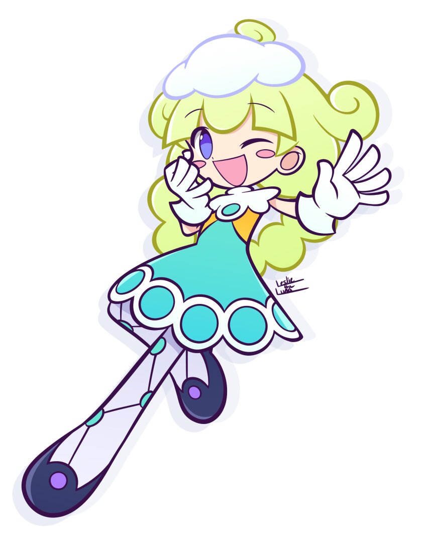 1girl :d absurdres ahoge aqua_dress black_footwear blush_stickers capelet collar deformed double-parted_bangs dress drop_shadow flats full_body fur_hat gloves green_hair hair_flaps hair_rings hand_on_own_cheek hand_on_own_face hands_up happy hat highres knee_up leslietheluna long_hair looking_at_viewer marle_(puyopuyo) mini_hat no_pupils official_style one_eye_closed open_hand open_mouth pantyhose purple_eyes puyopuyo puyopuyo_tetris_2 raised_eyebrows sideways_glance signature simple_background single_hair_ring sleeveless sleeveless_dress smile solo three_quarter_view white_background white_capelet white_collar white_gloves white_hat white_pantyhose