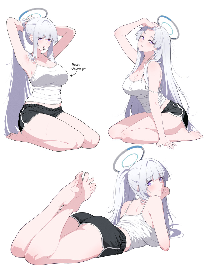 1girl absurdres alternate_costume alternate_hairstyle arched_back arm_up armpits arms_behind_head arms_up arrow_(symbol) ass bangs_pinned_back bare_legs bare_shoulders barefoot black_shorts blue_archive blush breasts camisole casual cleavage collarbone commentary_request covered_erect_nipples derivative_work dolphin_shorts english_text feet from_behind from_side full_body hair_intakes hair_slicked_back halo hand_in_own_hair highres large_breasts legs legs_up long_hair looking_at_viewer looking_back lying mechanical_halo midriff multiple_views noa_(blue_archive) on_stomach parted_lips ponytail purple_eyes purple_pupils reia_76 seiza short_shorts shorts simple_background sitting soles straight_hair strap_slip sweat the_pose thighs toenails toes tsurime tying_hair very_long_hair wariza white_background white_camisole white_hair white_halo