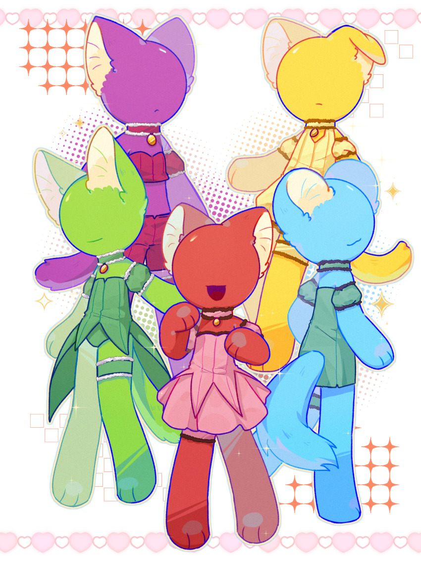 5boys :3 :d aizawa_mint animal_ears animal_feet animal_hands animation_vs._minecraft animator_vs._animation aqua_dress blue_(animator_vs._animation) blue_skin cat_boy chinese_commentary choker colored_skin commentary_request cosplay crossdressing dog_boy dog_ears dog_tail dress fong_pudding fujiwara_zakuro full_body green_(animator_vs._animation) green_skin highres kemonomimi_mode magical_boy mew_ichigo mew_ichigo_(cosplay) mew_lettuce mew_lettuce_(cosplay) mew_mint mew_mint_(cosplay) mew_pudding mew_pudding_(cosplay) mew_zakuro mew_zakuro_(cosplay) midorikawa_lettuce midriff momomiya_ichigo multiple_boys no_eyes open_mouth parody pink_dress purple_(animator_vs._animation) purple_skin red_(animator_vs._animation) red_skin smile standing stick_figure tail textless_version tokyo_mew_mew xiaoyezi72508 yellow_(animator_vs._animation) yellow_skin