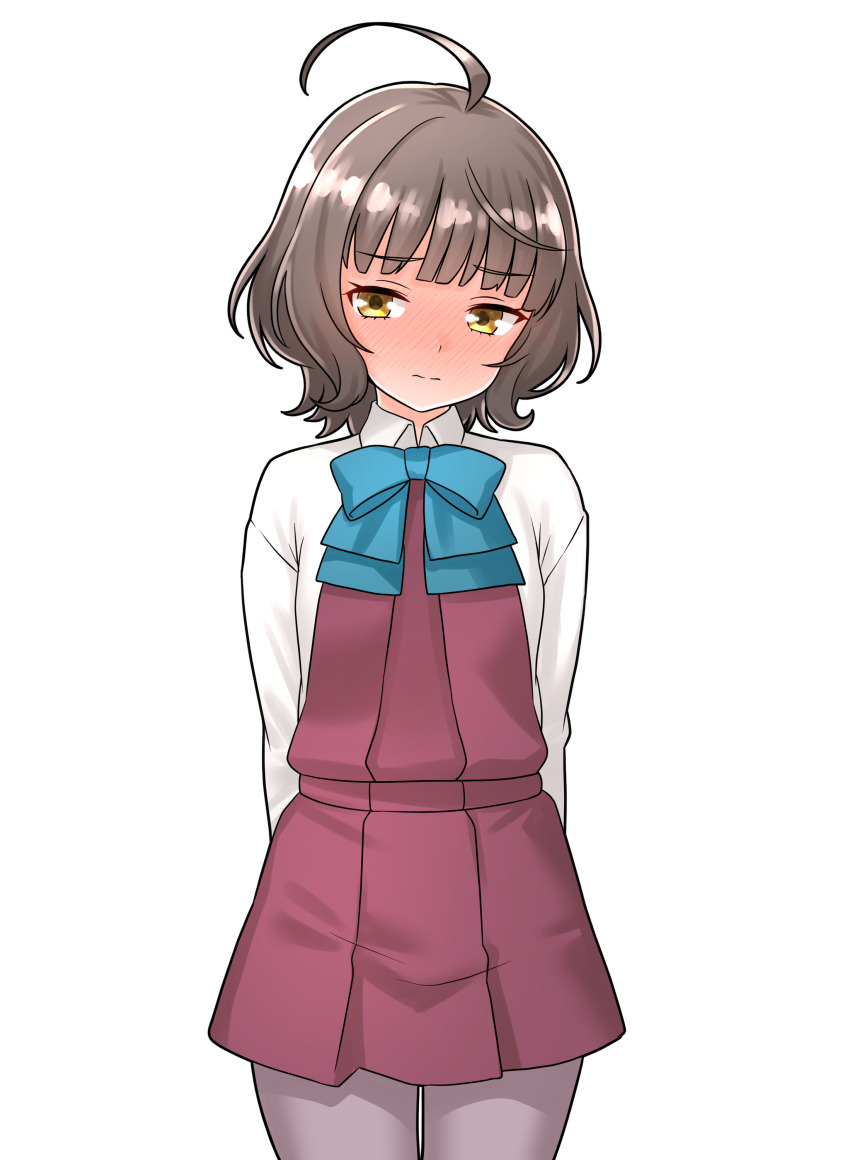 1girl absurdres ahoge aqua_bow aqua_bowtie arms_behind_back blunt_bangs bow bowtie collared_shirt commentary_request commission cowboy_shot dress furaggu_(frag_0416) highres kantai_collection kishinami_(kancolle) pantyhose pinafore_dress pixiv_commission purple_pantyhose red_dress shirt short_hair simple_background sleeveless sleeveless_dress solo standing variant_set white_background white_shirt yellow_eyes