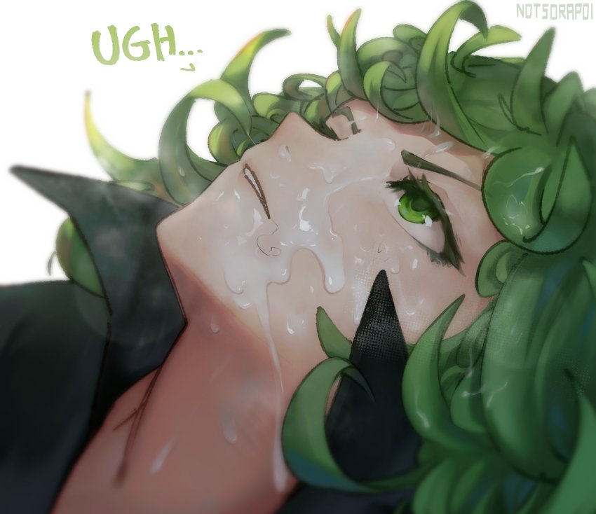 1girl annoyed artist_name cum cum_on_body facial green_eyes green_hair head highres looking_up medium_hair one-punch_man parted_lips profile simple_background sorapoi stray_pubic_hair tatsumaki white_background