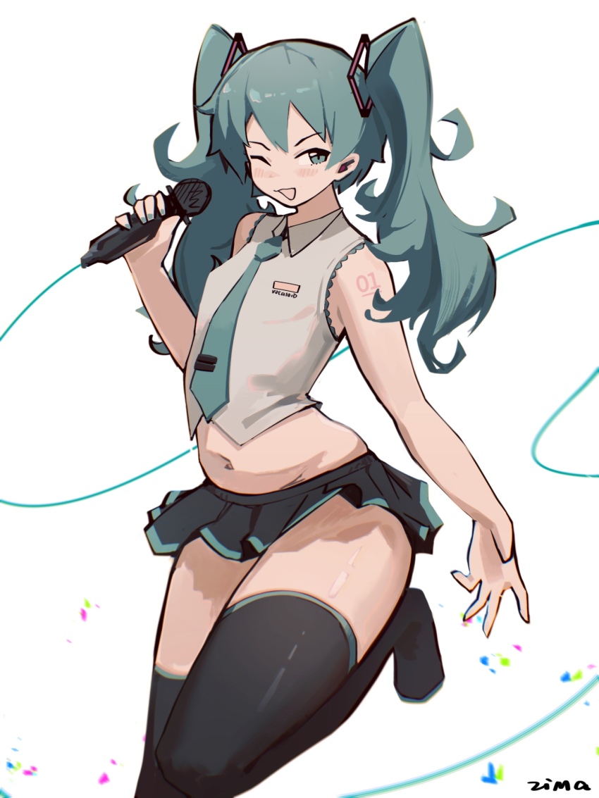 1girl aqua_eyes aqua_hair aqua_necktie baisebandaoti1 bare_shoulders black_boots black_skirt boots cable commentary cropped_shirt hatsune_miku highres holding holding_microphone looking_at_viewer microphone midriff miniskirt navel necktie number_tattoo one_eye_closed shirt shoulder_tattoo signature skirt sleeveless sleeveless_shirt solo tattoo thigh_boots thighs twintails vocaloid