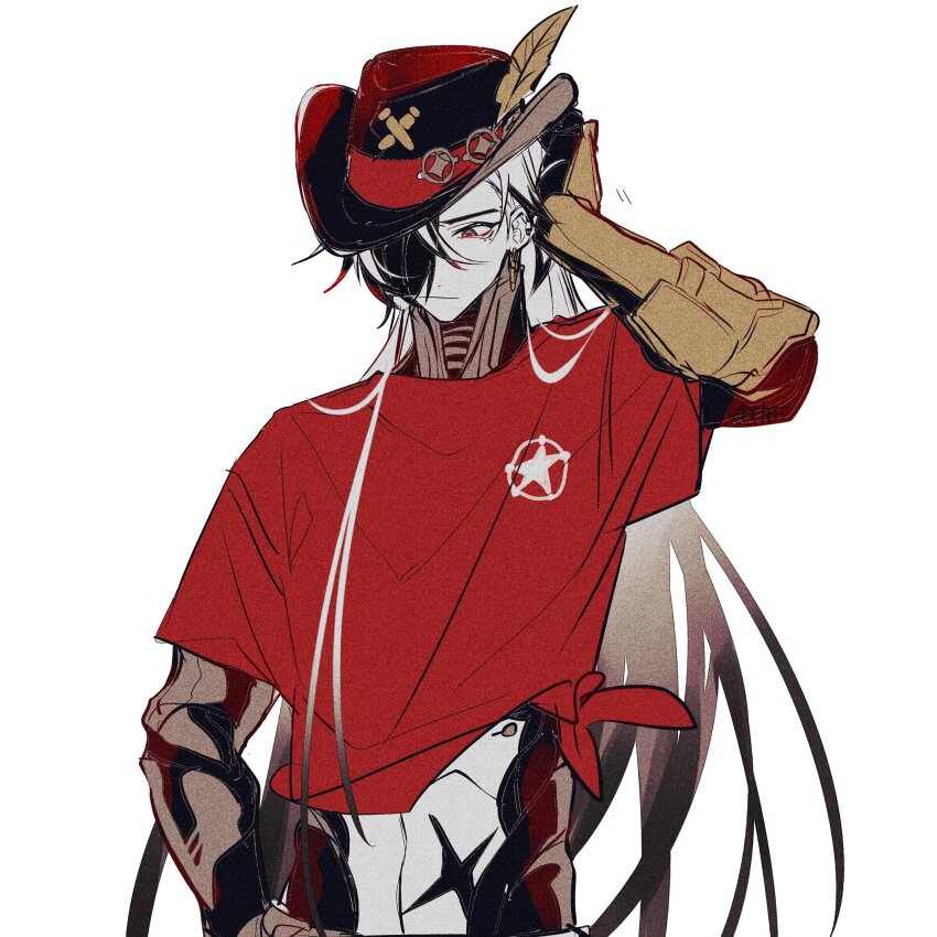 1boy absurdres black_eyes black_hair boothill_(honkai:_star_rail) commentary_request cowboy_hat cyborg grey_hair hair_over_one_eye hand_on_own_hip hat highres honkai:_star_rail honkai_(series) long_hair male_focus multicolored_hair red_shirt shirt simple_background solo streaked_hair u_5ham0 upper_body white_background