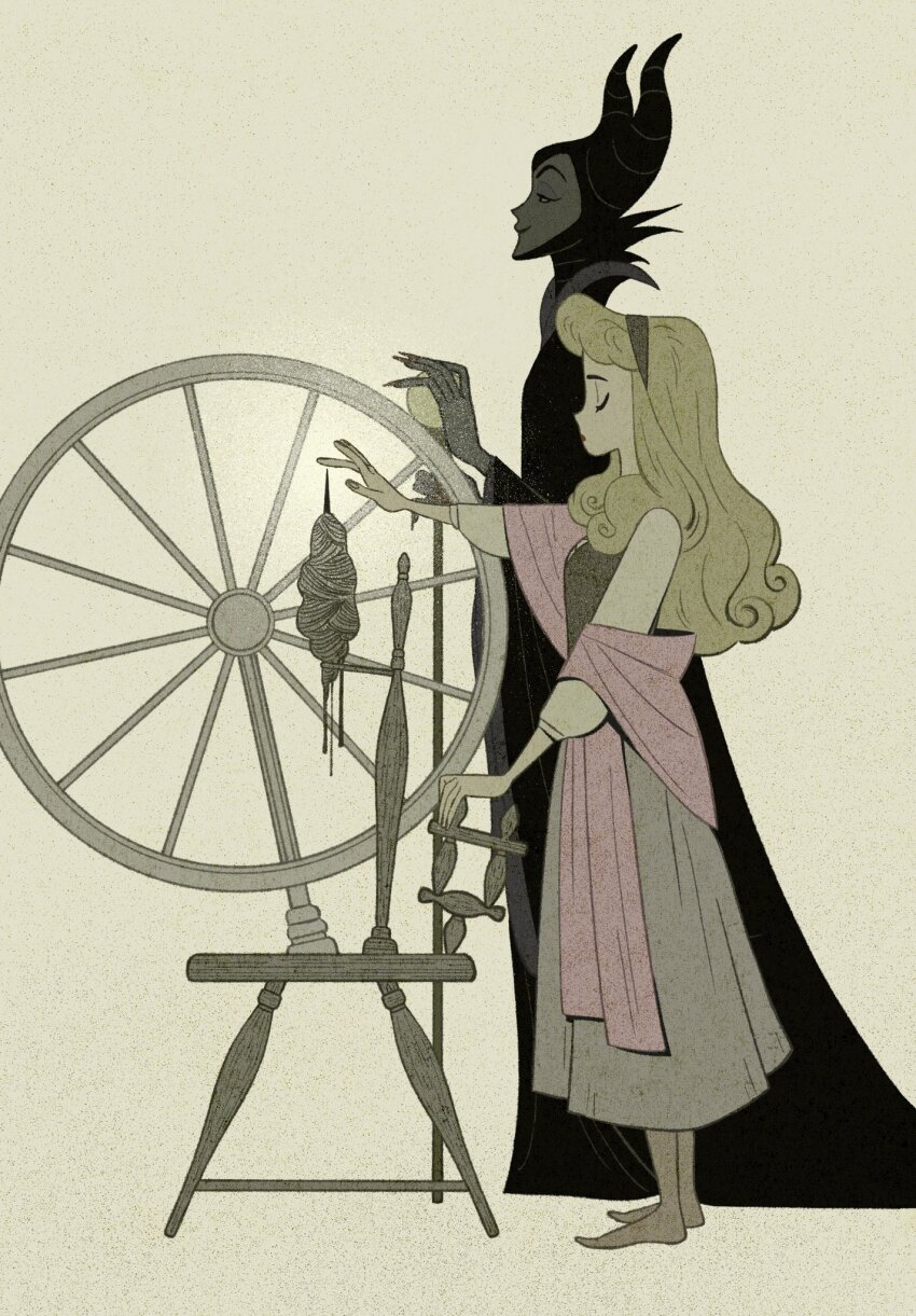 2girls aurora_(disney) barefoot black_robe blonde_hair breasts closed_eyes curly_hair dress full_body grey_background grey_dress helen_jee highres horns long_dress long_hair maleficent medium_breasts multiple_girls outstretched_hand pink_shawl profile robe shawl sleeping_beauty_(disney) spindle spinning_wheel standing white_sleeves