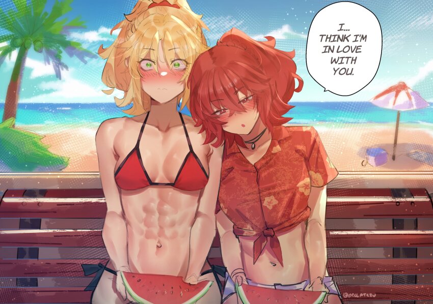 2girls abs artist_name beach beach_towel beach_umbrella bench bikini blonde_hair blush breasts cleavage cloud collarbone confession cooler couple day deccatezu english_text fate/grand_order fate_(series) floral_print food fruit fujimaru_ritsuka_(female) fujimaru_ritsuka_(female)_(tropical_summer) green_eyes hair_between_eyes hair_ornament hair_scrunchie hair_tie halterneck hawaiian_shirt head_on_another&#039;s_shoulder highres holding holding_food holding_fruit holding_watermelon horizon jewelry linea_alba long_hair matching_hair/eyes medium_breasts midriff mordred_(fate) mordred_(swimsuit_rider)_(fate) mordred_(swimsuit_rider)_(first_ascension)_(fate) multiple_girls muscular muscular_female navel necklace official_alternate_costume on_bench orange_eyes orange_hair outdoors palm_tree parasol ponytail red_bikini red_hair red_scrunchie red_shirt scrunchie shadow shirt shore short_hair side-tie_bikini_bottom side_ponytail sitting sky speech_bubble string_bikini surprised swimsuit tied_shirt tomboy towel tree twitter_username umbrella water watermark watermelon watermelon_slice wavy_mouth wide-eyed yuri