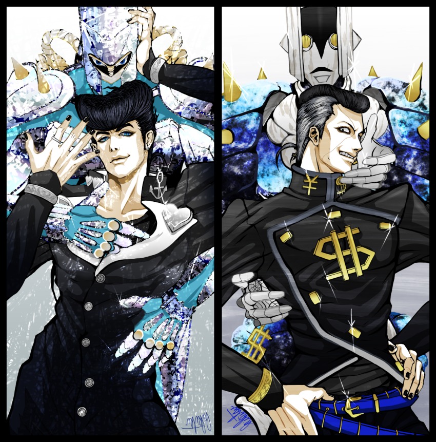 2boys aqua_eyes belt black_eyes black_hair black_nails brooch collarbone crazy_diamond dollar_sign earrings facial_mark gakuran grey_hair grin hands_on_own_hips heart higashikata_josuke highres jewelry jojo_no_kimyou_na_bouken jubako_(nest_of_boxes) male_focus multicolored_hair multiple_boys nail_polish nijimura_okuyasu peace_symbol pillarboxed pompadour profile ring school_uniform signature smile spikes stand_(jojo) stud_earrings the_hand_(stand) two-tone_hair upper_body yen_sign