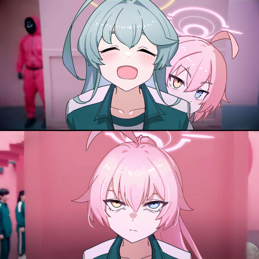 2girls ahoge bakaking blue_archive blue_eyes blush closed_eyes closed_mouth collarbone covered_mouth green_jacket grey_hair hair_between_eyes halo heterochromia highres hoshino_(blue_archive) hoshino_(first_year)_(blue_archive) jacket long_hair looking_up meme multiple_girls open_clothes open_jacket open_mouth pink_hair pink_halo ponytail shirt short_hair smile squid_game t-shirt track_jacket upper_body white_shirt year_1_&amp;_year_2_(squid_game)_(meme) yellow_eyes yellow_halo yume_(blue_archive)