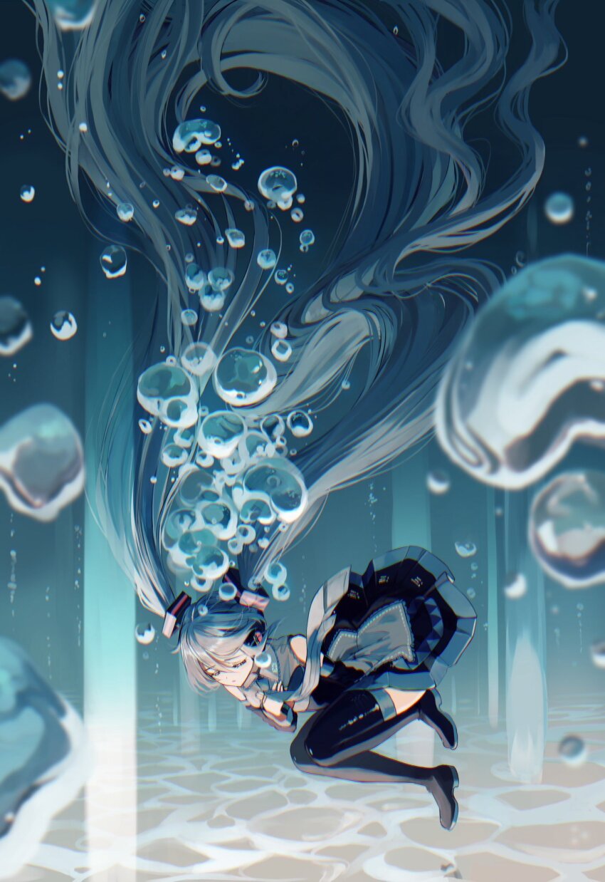 1girl absurdly_long_hair air_bubble bare_shoulders black_boots black_skirt black_sleeves blue_necktie boots bubble closed_eyes closed_mouth commentary_request day detached_sleeves grey_shirt hair_between_eyes hatsune_miku highres long_hair long_sleeves necktie outdoors own_hands_together pentagon_(railgun_ky1206) pleated_skirt shirt skirt sleeveless sleeveless_shirt solo thigh_boots underwater very_long_hair vocaloid water