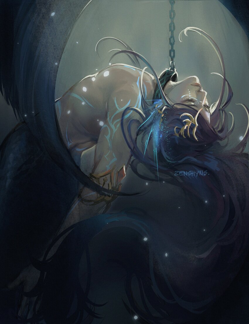 1boy absurdres arms_at_sides artist_name biceps chain chain_leash closed_eyes collar fins floating glowing_tattoo head_fins highres leash long_hair love_and_deepspace male_focus mermaid monster_girl muscular muscular_male parted_lips pink_lips purple_hair rafayel_(love_and_deepspace) simple_background solo underwater zenshyns