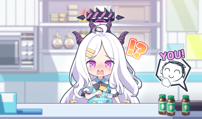 !? 1boy 1girl ahoge angel&#039;s_24_uniform_(blue_archive) apron barcode_scanner blue_apron blue_archive blush commentary demon_girl demon_horns doodle_sensei_(blue_archive) energy_drink hair_ornament hairclip halo highres hina_(blue_archive) holding holding_barcode_scanner horns long_hair looking_at_viewer open_mouth purple_eyes purple_halo rabe26k sensei_(blue_archive) shirt short_sleeves speech_bubble spoken_character white_hair white_shirt
