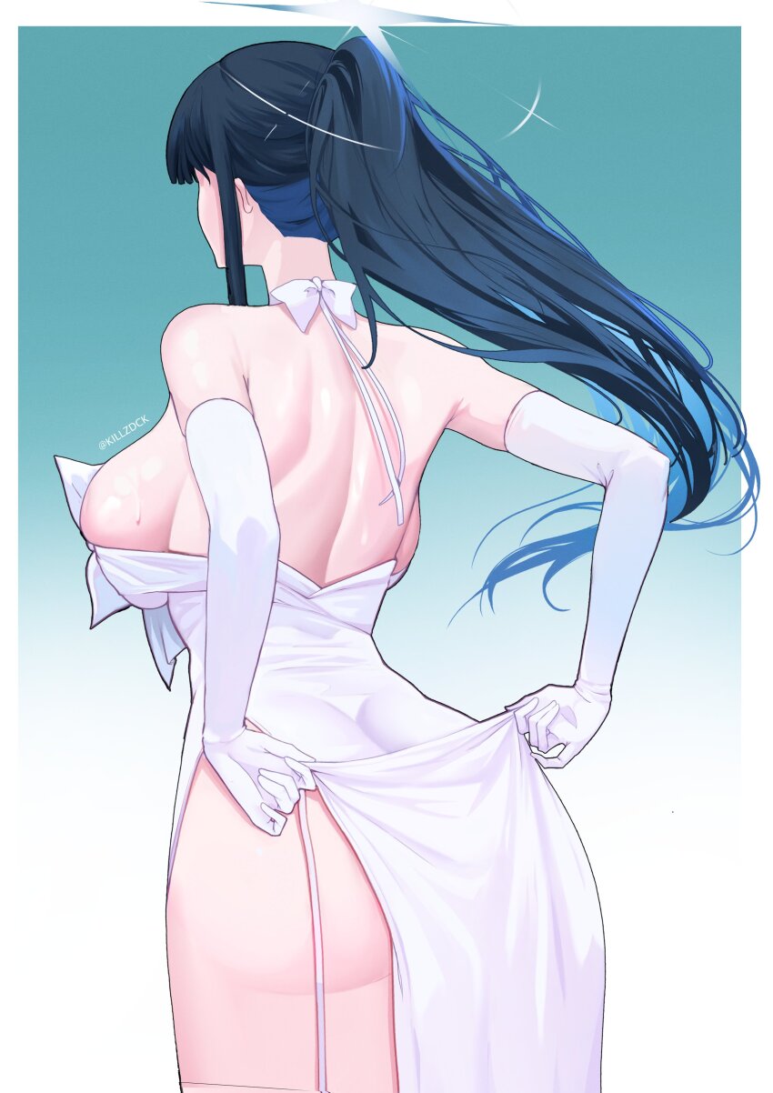 1girl absurdres adjusting_clothes ass backboob backless_dress backless_outfit bare_shoulders black_hair blue_archive blue_hair blue_halo border breasts colored_inner_hair commentary cowboy_shot dress elbow_gloves english_commentary fading_border floating garter_straps gloves gluteal_fold gradient_background green_background halo highres killzdck large_breasts long_hair median_furrow multicolored_hair official_alternate_costume outside_border ponytail saori_(blue_archive) saori_(dress)_(blue_archive) shiny_skin side_slit solo standing strapless strapless_dress sweat twitter_username two-tone_background two-tone_hair very_long_hair white_background white_border white_dress white_gloves
