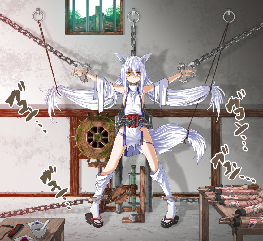 1girl animal_ears bdsm bondage bound bound_arms bound_legs breasts chain chained collar day female_focus fox_ears fox_girl fox_tail full_body fumihiro green_eyes grey_hair highres indoors kitsune long_hair okobo original panties platform_sandals restrained sandals sex_machine short_hair sidelocks slave small_breasts solo spread_eagle_position stationary_restraints tail torn_clothes underwear very_long_hair white_legwear white_panties window