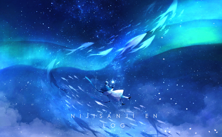 1boy aurora black_shoes blue_capelet blue_hair blue_scarf blue_theme capelet coat copyright_name english_text fish flying_fish from_behind full_body glowing high_heels highres ike_eveland ike_eveland_(1st_costume) iso-shigi male_focus night night_sky nijisanji nijisanji_en pants scarf school_of_fish shoes sky solo star_(sky) starry_sky virtual_youtuber white_coat white_pants wide_shot