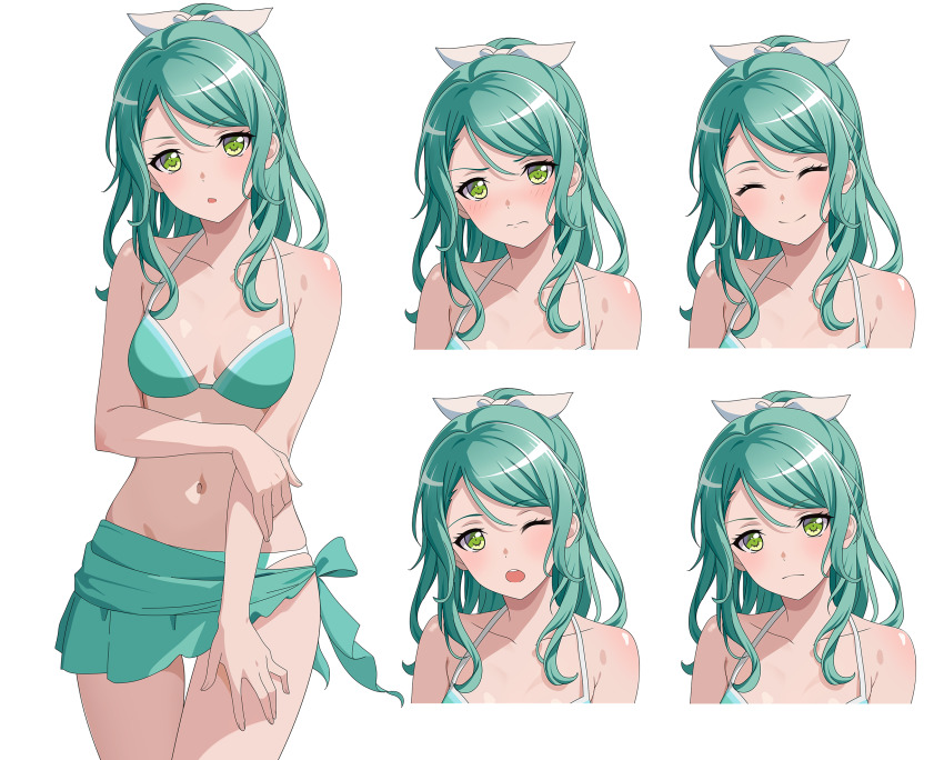 1girl aqua_bikini aqua_bra aqua_hair aqua_panties aqua_sarong bang_dream! bikini blush bow bra breasts closed_eyes collarbone commentary cowboy_shot embarrassed english_commentary fries_vanquisher green_eyes hair_bow hand_on_own_thigh highres hikawa_sayo holding_own_arm looking_at_viewer multiple_views navel one_eye_closed panties parted_lips ponytail sarong shadow small_breasts smile stomach swimsuit underwear