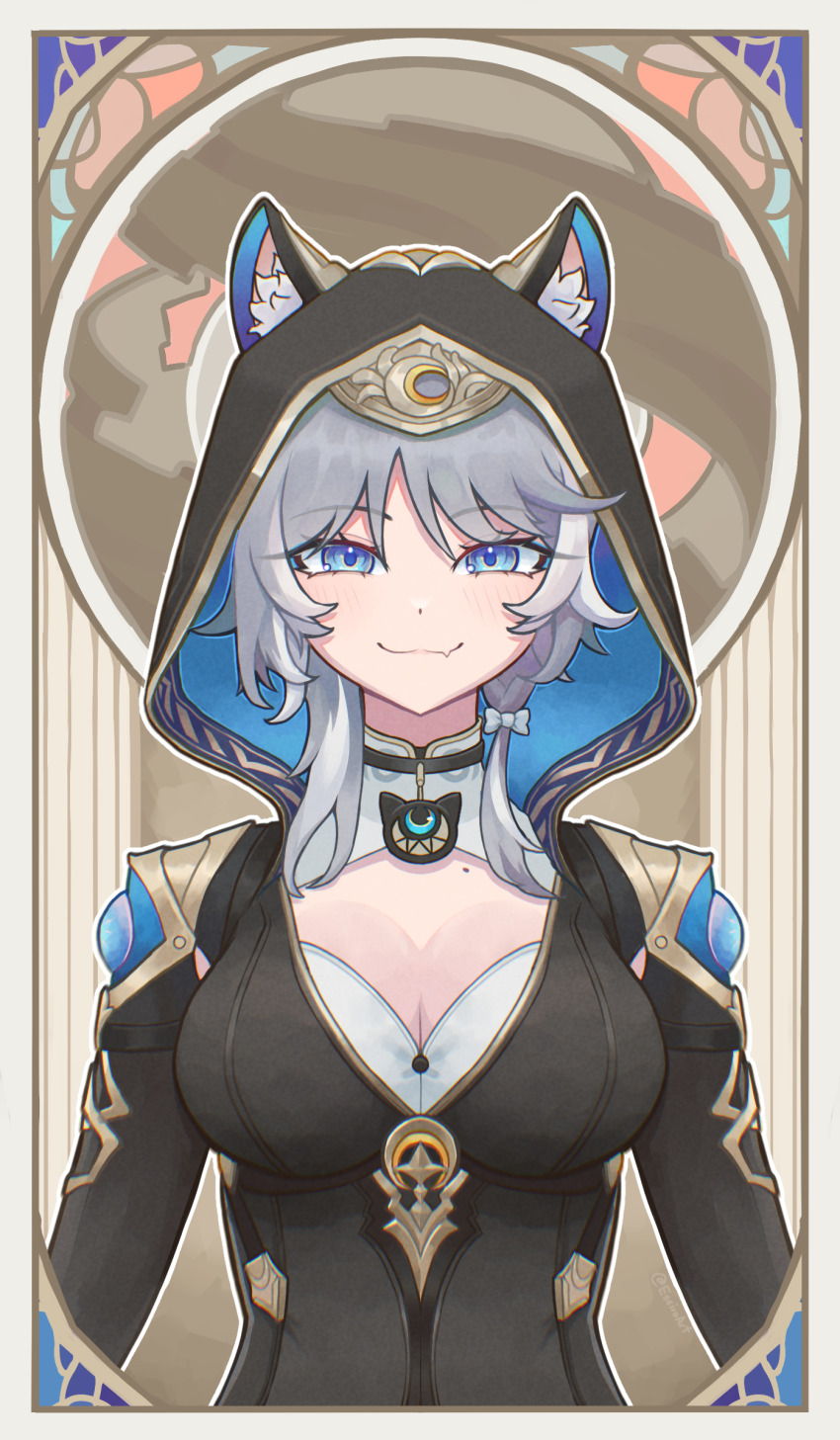 1girl absurdres animal_ear_fluff animal_ears blue_eyes breasts cat_ears cipher_(honkai:_star_rail) cleavage essiroart fang fang_out grey_hair highres honkai:_star_rail honkai_(series) hood looking_at_viewer mole mole_on_chest short_hair skin_fang smile solo upper_body
