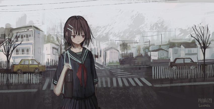 1girl artist_name bag bare_tree black_serafuku black_shirt black_skirt brown_eyes brown_hair building car closed_mouth cloud commentary_request cowboy_shot crosswalk dated day fence grey_sky hair_ornament hairclip highres lanreta looking_to_the_side motor_vehicle neckerchief original outdoors parallel_hairclips picket_fence pleated_skirt power_lines red_neckerchief road scenery school_uniform serafuku shirt short_hair short_sleeves shoulder_bag skirt sky solo standing town tree wooden_fence