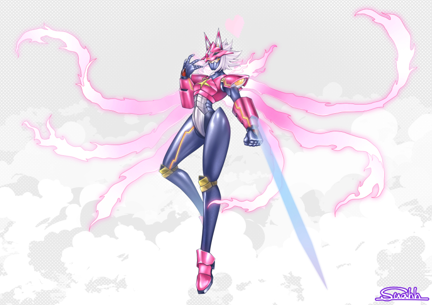 1girl arm_blade artist_name clenched_hand covered_mouth cyborg digimon energy_blade energy_wings female_focus full_body gem grey_background grey_hair hand_up heart joints leg_up legs long_legs looking_at_viewer mask original pink_mask pink_wings red_gemstone robot_joints shiny_skin short_hair sidelocks signature solo standing standing_on_one_leg suahh thighs weapon wings yellow_eyes