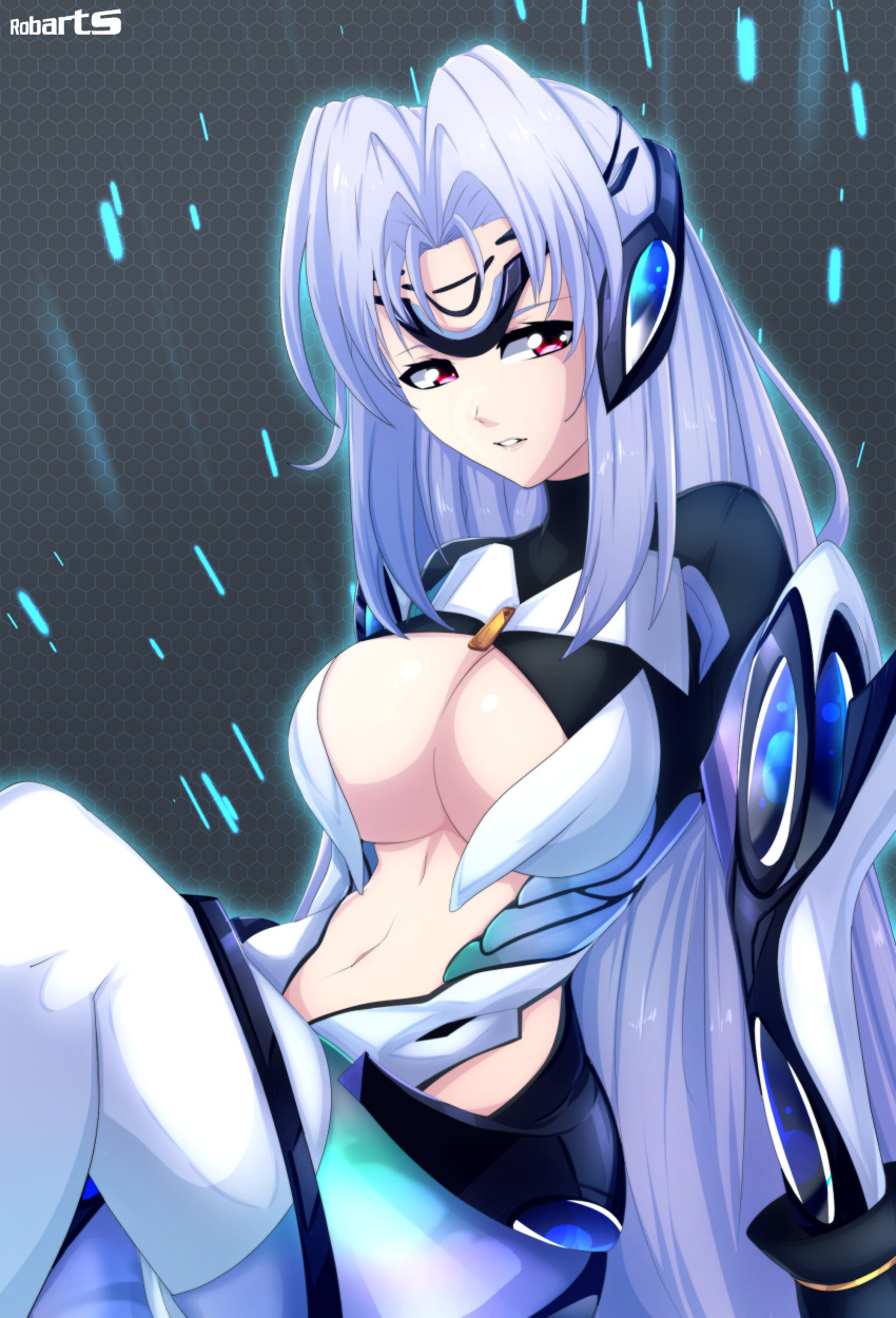 1girl absurdres android artist_name axasempai black_gloves blue_hair bodysuit breasts commentary english_commentary gloves highres honeycomb_(pattern) honeycomb_background impossible_bodysuit impossible_clothes kos-mos large_breasts long_hair looking_at_viewer red_eyes shiny_skin skin_tight solo xenosaga xenosaga_episode_iii