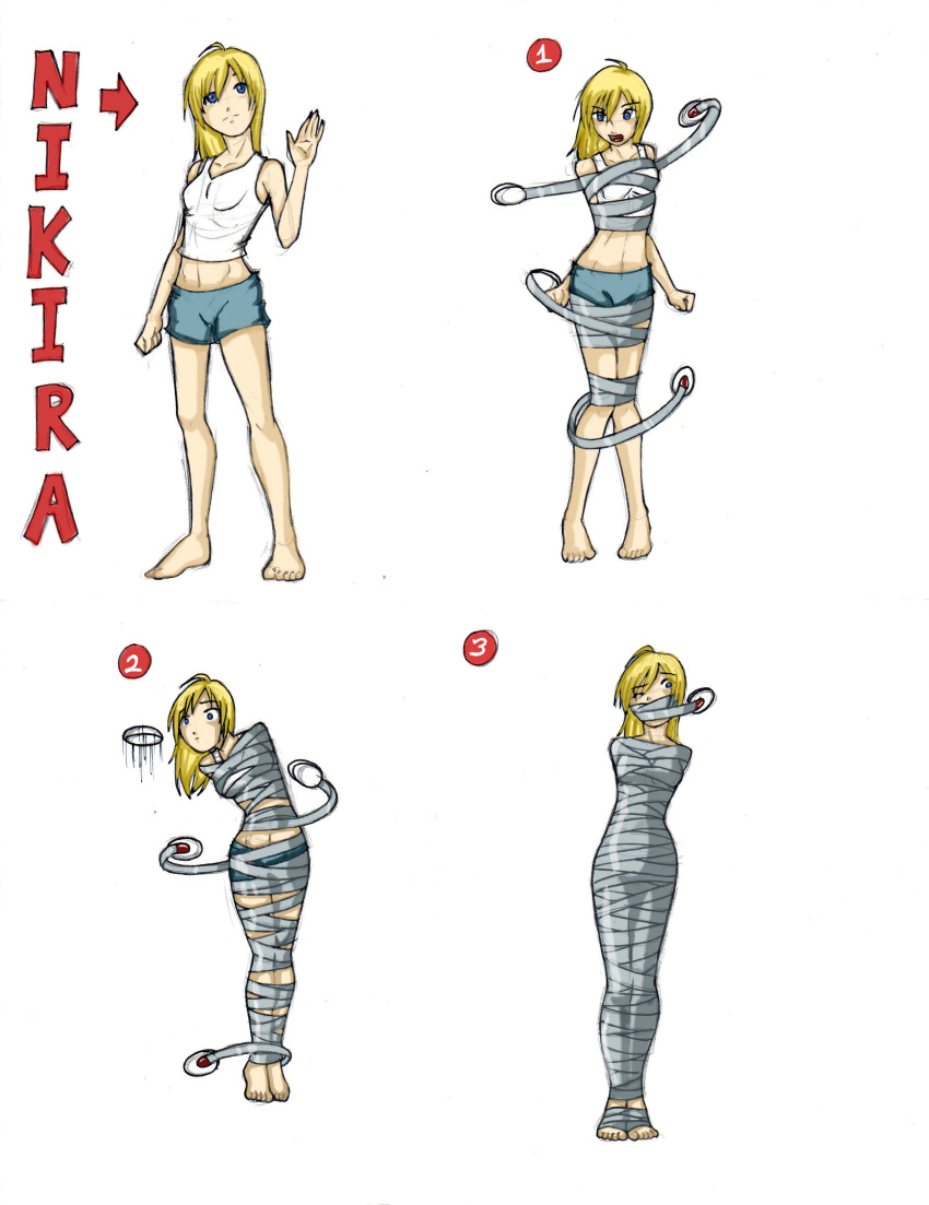 1girl absurdres arms_behind_back barefoot bdsm bondage bound crop_top female_focus gag gagged highres improvised_gag midriff navel nikira_(rocatart) original rocatart shorts solo standing tape tape_gag taped_arms tutorial