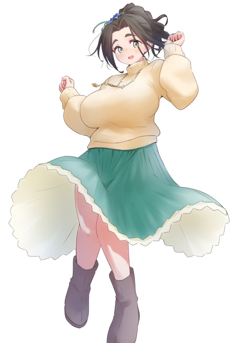1girl :o ankle_boots black_hair blush boots breasts brown_boots ebihara_naho forehead green_skirt hands_up highres huge_breasts idolmaster idolmaster_cinderella_girls long_hair long_sleeves looking_at_viewer ponytail simple_background skirt smile solo sweater thick_eyebrows wakusei_(wakusei81) white_background yellow_sweater