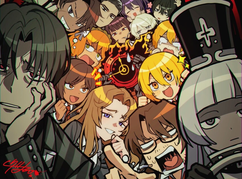 1other 6+boys 6+girls black_eyes black_hair black_hat blonde_hair blue_eyes bow charon_(project_moon) cigarette crying dante_(limbus_company) dark-skinned_female dark-skinned_male dark_skin don_quixote_(project_moon) everyone faust_(project_moon) glasses green_eyes gregor_(project_moon) grey_eyes grey_hair hat heathcliff_(project_moon) highres hong_lu_(project_moon) ishmael_(project_moon) limbus_company long_hair looking_at_viewer meursault_(project_moon) moffumofu0000 multiple_boys multiple_girls open_mouth orange_hair outis_(project_moon) parted_lips project_moon red_eyes rodion_(project_moon) ryoshu_(project_moon) shako_cap sidelocks sinclair_(project_moon) smile sparkle sweat vergilius_(project_moon) very_long_hair white_bow white_hair yellow_eyes yi_sang_(project_moon)