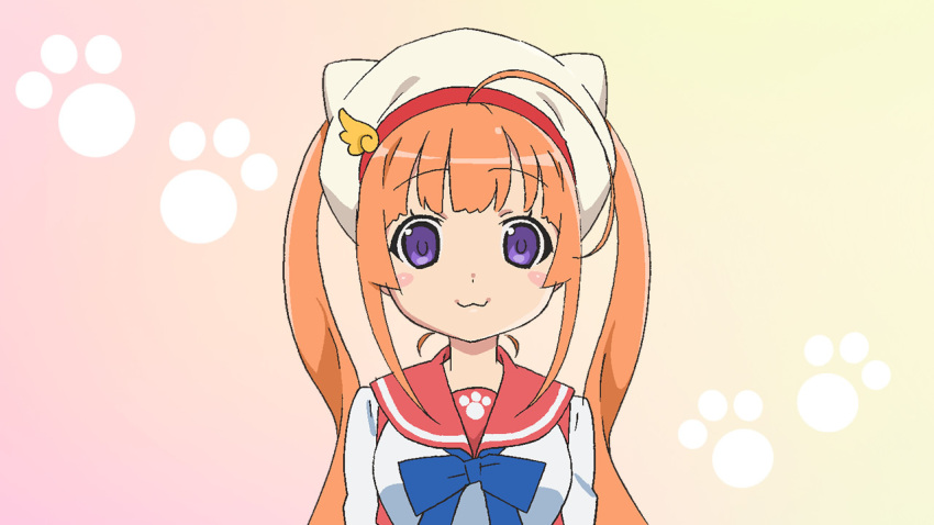 1girl :3 ahoge animal_hat blue_ribbon blush_stickers breasts cat_hat etotama gradient_background hair_ornament hat long_hair long_sidelocks long_sleeves looking_at_viewer naa-tan official_art orange_hair paw_print paw_print_background promotional_art purple_eyes red_sailor_collar ribbon sailor_collar sidelocks small_breasts smile solo straight-on upper_body wing_hair_ornament