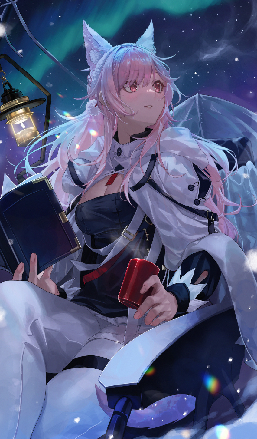 1girl absurdres animal_ear_fluff animal_ears arknights aurora black_dress book breasts cleavage cup dress extra_ears hairband highres holding holding_book holding_cup lantern long_hair long_sleeves looking_away looking_to_the_side medium_breasts monge_baby night night_sky official_alternate_costume open_book outdoors pantyhose parted_lips pink_hair pozyomka_(arknights) pozyomka_(snowy_plains_in_words)_(arknights) red_eyes sitting sky smile solo star_(sky) starry_sky thigh_strap very_long_hair white_hairband white_pantyhose wolf_ears