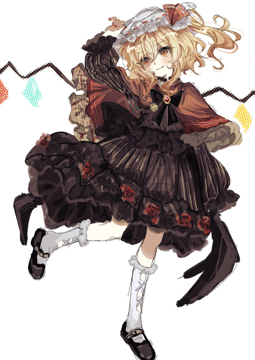 1girl absurdres alternate_costume black_dress black_ribbon black_shoes blonde_hair brooch capelet chinese_commentary closed_mouth commentary_request dress fang flandre_scarlet frilled_capelet frilled_sleeves frills full_body hair_between_eyes hat hat_ribbon highres huangdouliuhan jewelry leg_up long_sleeves mob_cap orange_eyes red_brooch red_capelet red_nails red_ribbon ribbon shoes side_ponytail simple_background sketch smile socks solo touhou white_background white_hat white_socks wings
