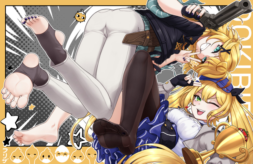 2girls aqua_shirt asymmetrical_legwear barefoot bird black_pantyhose blonde_hair blue_hair blue_hat blue_skirt dokibird_(vtuber) efreezerarts feet fingerless_gloves gloves green_eyes grey_jacket grey_pants hat highres holding holding_trophy indie_virtual_youtuber jacket long_hair looking_at_viewer multiple_girls nail_polish one_eye_closed pants pantyhose shirt skirt smile soles stirrup_legwear toeless_legwear toenail_polish toenails toes trophy twintails virtual_youtuber yellow_bird