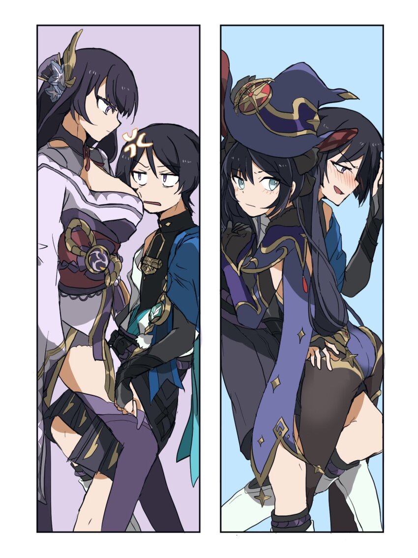 1boy 2girls against_wall anemo_symbol_(genshin_impact) anger_vein annoyed aqua_eyes aqua_gemstone aqua_kimono arm_at_side armor ass belt between_breasts between_legs black_belt black_bodysuit black_bow black_bridal_gauntlets black_gloves black_hair black_panties black_pantyhose black_shorts blue_background blue_cape blue_flower blunt_bangs blush bodysuit border bow breasts bridal_gauntlets cape cheek_press chinese_knot closed_mouth cramped crescent crescent_hat_ornament detached_sleeves elbow_gloves electro_symbol_(genshin_impact) encasement expressionless fan_hair_ornament feathers flower fur_collar gem genshin_impact gloves gold gold_trim grey_shrug hair_between_eyes hair_bow hakama hakama_shorts han&#039;eri hand_on_another&#039;s_hip hand_on_wall hat hat_ornament head_between_breasts height_difference hetero highleg highleg_leotard highres iris_hapic japanese_armor japanese_clothes kimono kimono_skirt kote kurokote layered_kimono leaning_on_person leotard long_hair long_sleeves looking_at_another looking_down mandarin_collar mitsudomoe_(shape) mona_(genshin_impact) multiple_girls obi obiage obijime off_shoulder open_clothes open_kimono panties pantyhose parted_bangs pelvic_curtain pleated_shorts pom_pom_(clothes) ponytail_holder purple_background purple_cape purple_eyes purple_gemstone purple_hat purple_kimono purple_leotard purple_rope purple_sash purple_sleeves purple_thighhighs raiden_shogun red_ribbon ribbon rope sanpaku sash scaramouche_(genshin_impact) shorts shrug_(clothing) sidelocks sideways_mouth star_(symbol) star_hat_ornament thighhighs tomoe_(symbol) trapped twintails two-tone_background underwear vision_(genshin_impact) wanderer_(genshin_impact) white_border white_kimono witch_hat yellow_feathers