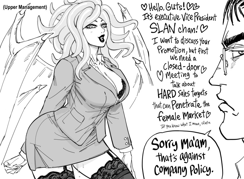 1boy 1girl 1koma absurdres alternate_costume alternate_universe arm_at_side arm_behind_back bb_(baalbuddy) berserk breasts business_suit buttoned_cuffs buttons cleavage collared_shirt comic demon_girl demon_wings dripping english_text eyelashes flirting formal_clothes garter_straps greyscale guts_(berserk) hetero highres jacket lace lace-trimmed_legwear lace_trim large_breasts leaning_forward lips long_hair long_sleeves looking_at_another miniskirt monochrome open_mouth pencil_skirt pussy_juice rejection right-to-left_comic scar scar_on_face scar_on_nose segmented_comic shirt skirt skirt_suit slan_(berserk) smile suit tentacle_hair thighhighs wing_collar wings zettai_ryouiki