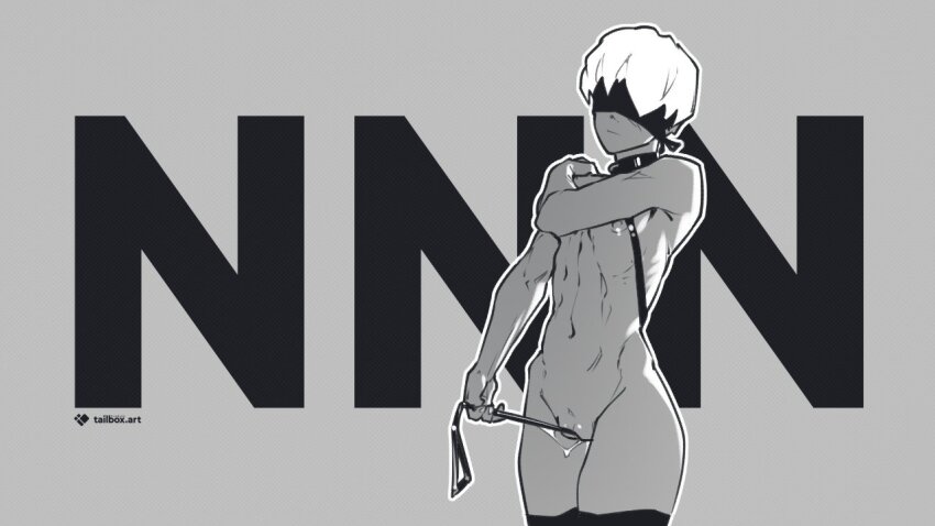 1boy 9s_(nier:automata) :/ androgynous artist_name black_thighhighs blindfold closed_mouth cowboy_shot cuntboy grey_background greyscale hand_on_own_shoulder monochrome navel nier:automata nier_(series) nipples no_nut_november nude short_hair simple_background standing tailbox thighhighs white_hair