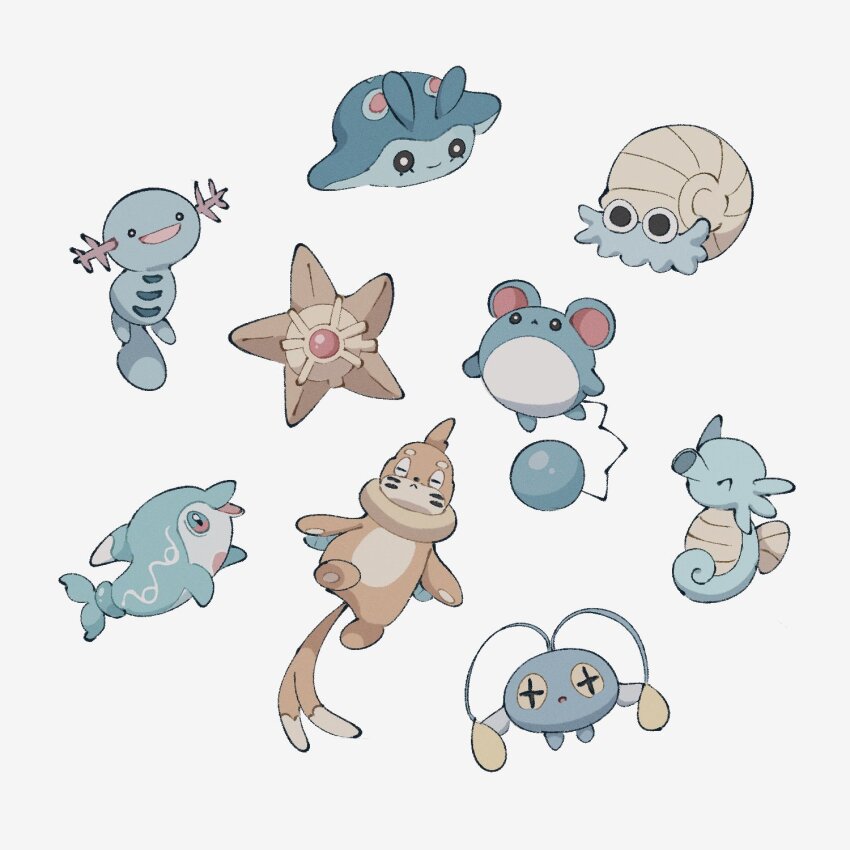 :d ^_^ animal_focus antennae blue_skin buizel chinchou closed_eyes colored_skin cross-shaped_pupils dolphin finizen forked_tail game_freak gen_1_pokemon gen_2_pokemon gen_4_pokemon highres horsea mantyke marill nintendo no_humans omanyte open_mouth pokemon pokemon_(creature) shell simple_background smile staryu sumi_fms symbol-shaped_pupils tail white_background wooper yellow_eyes